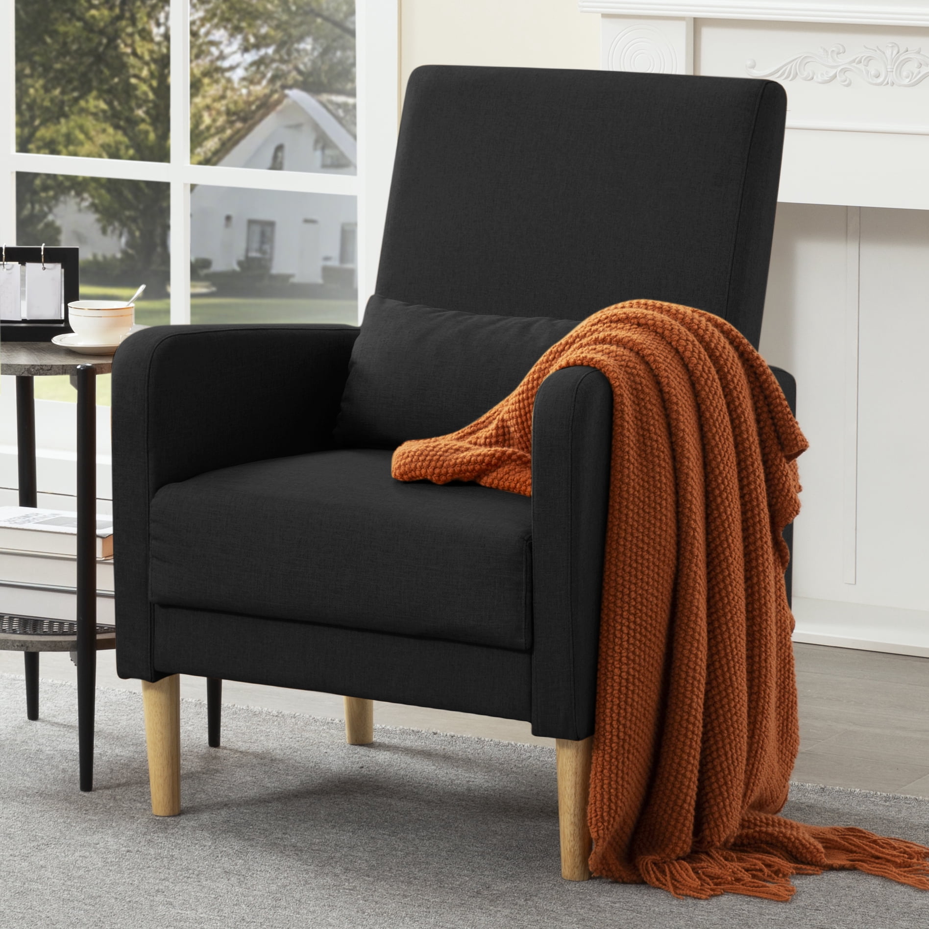 Gewnee 26.5”Modern Accent Chair,Linen Fabric Upholstered Comfy Single Chair with Solid Wood Frame & Pillow for Living Room,Apartments & Small Spaces.Black