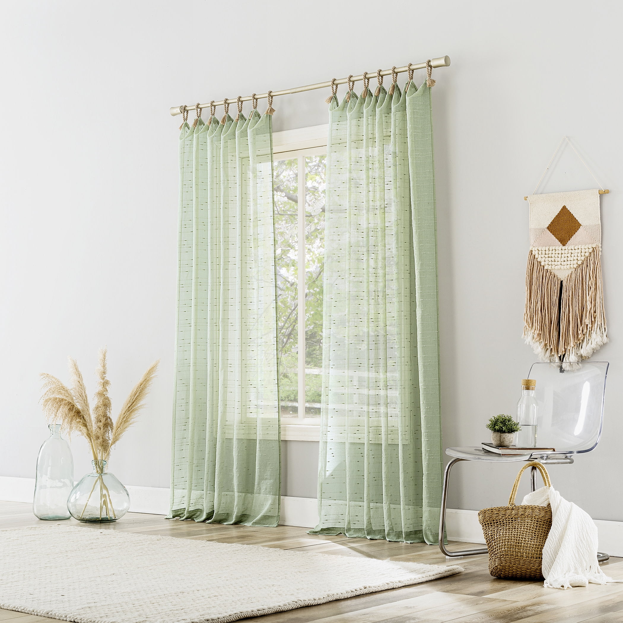 No. 918 Noemi Slub Stripe Rope Tab Semi-Sheer Curtain Panel, 1-Piece Tab Top Indoor Window Panel, 50”x96", Sage Green