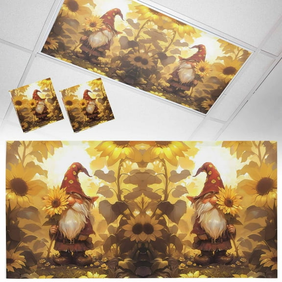 2 Pack Magnetic Fluorescent Light Covers, 2x4 Ft, Gnome with Yellow Sunflowers Oil Painting Magnetic Light Covers for Ceiling Lights Classroom Office Home Decor