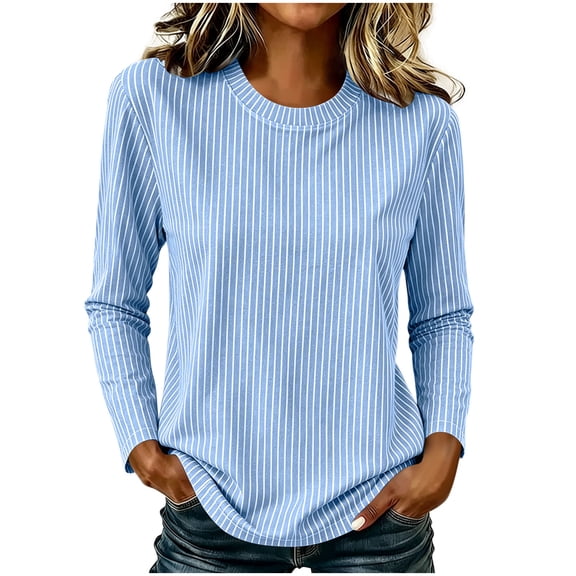 Yutgune Women's Striped T-Shirt Long Sleeve Crew Neck Stretch Plus Size Pullover Everyday Casual Top