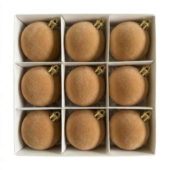 Velvet Christmas Ball Ornaments, Khaki Flocked Baubles in Gift Box for Tree, Mantel and Modern Holiday Decor 9 Pack