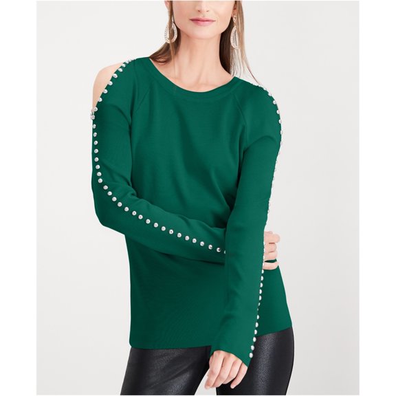 I-N-C Womens Studded Cold Shoulder Blouse, Green, Medium
