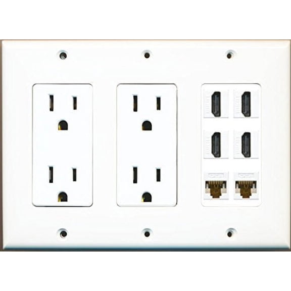 RiteAV Power Outlet x 2 and 4 HDMI 2 Cat6 Wall Plate 3 Gang White