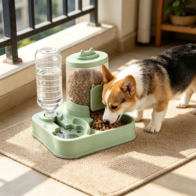 Automatic Pet Feeder and Water Dispenser Combo for Cats and Small Dogs with Raised Neck Bowl, Large Capacity, Spill-Proof Base, Plastic, Multiple Colors