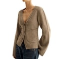 thumbnail image 2 of Womens Deep V Neck Cardigan Sweaters Open Front Long Sleeve Cropped Knit Coats with Pockets Camel Color S, 2 of 10