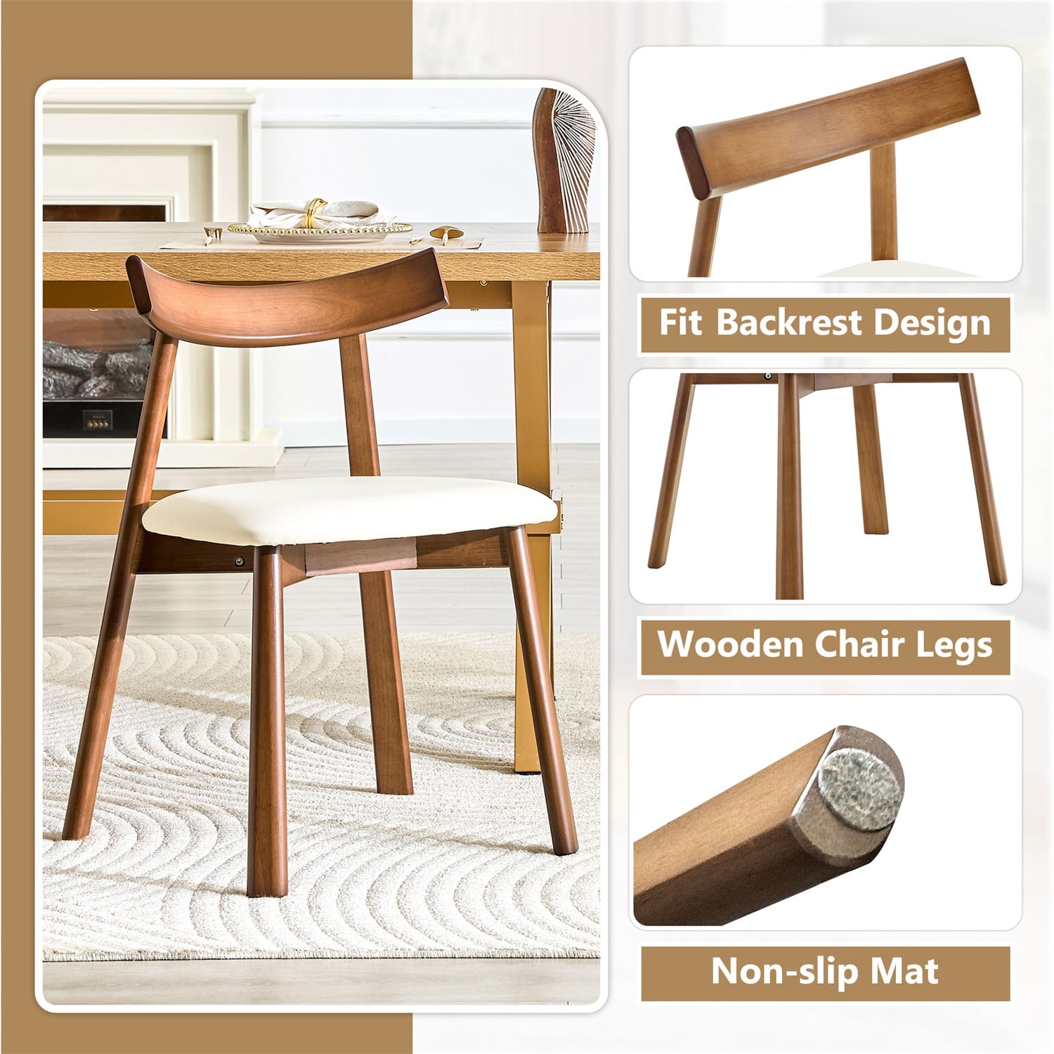 Hommoo 2-Pack Solid Wood Dining Chairs with PU Cushions, Ergonomic Curved Backrest, X-Frame Stability, Modern Farmhouse & Scandinavian Style, Beige & Walnut