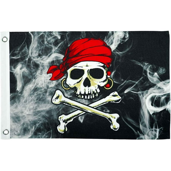 In the Breeze 3714 — Smokin' Pirate Printed 12"x18" Double Sided Grommet Flag, Outdoor Pirate Boat Flag