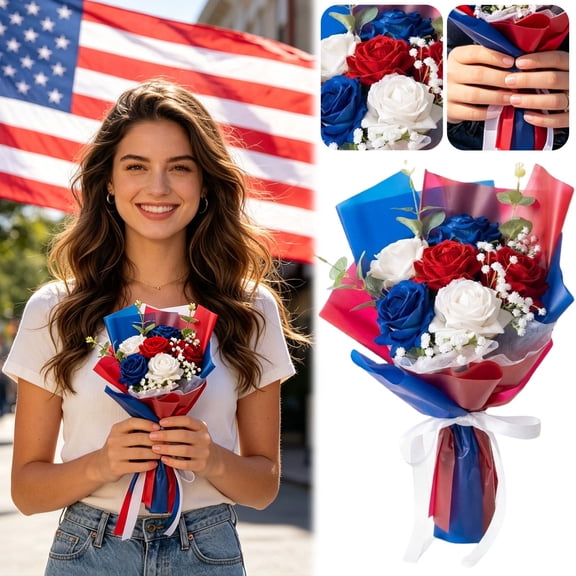 YardChic Independence Day Artificial Handheld Bouquet, Red White and Blue Artificial Flowers, UV Resistant Realistic Fake Patriotic Flowers for Veterans 4th of July USA 250th Anniversary Decoration