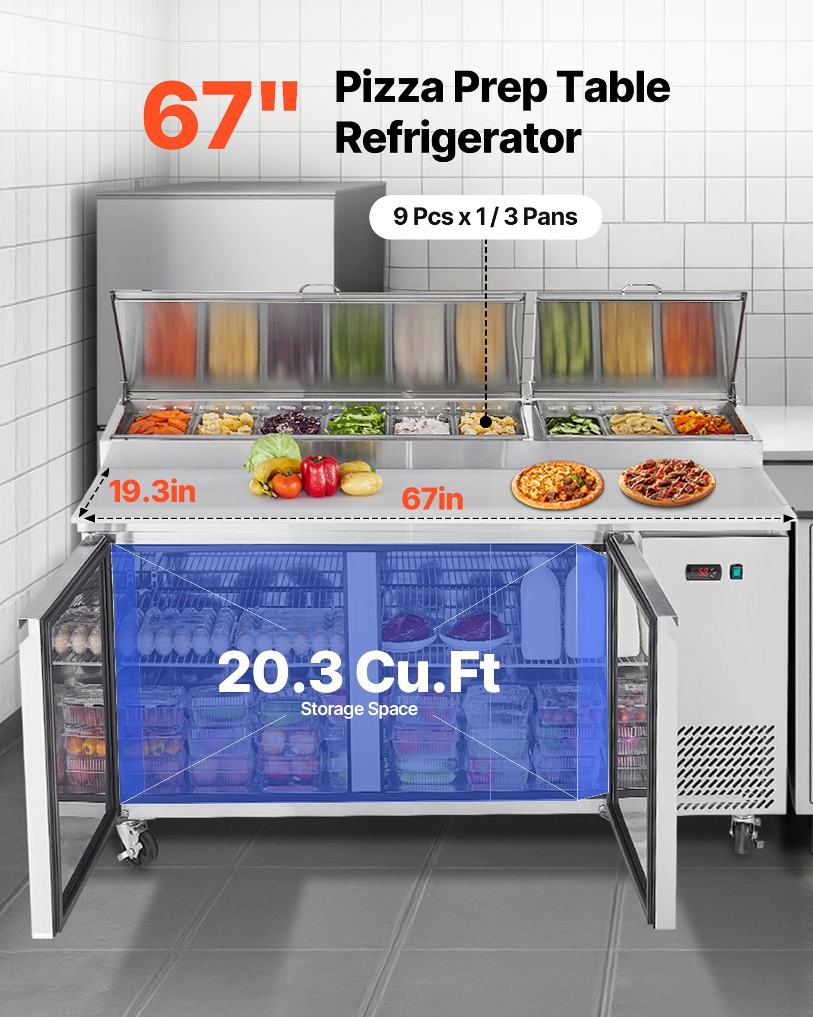 VEVOR 67"W Commercial Refrigerator, Pizza Prep Refrigerated Table,20" Ultra Wide Countertop Food Prep Worktable, 20.3 Cu.Ft Single Door Salad Prep Fridge, 9 Pans Pizza Make Worktop with Cutting Board