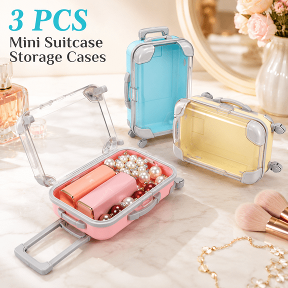 MORAVE 3 Pcs Pastel Color 4.7 x 2.8 x 1.3 inch Mini Plastic Suitcase Storage Box, Clear Luggage Style Case for False Eyelashes Jewelry Cosmetics Hairpins Party Favors