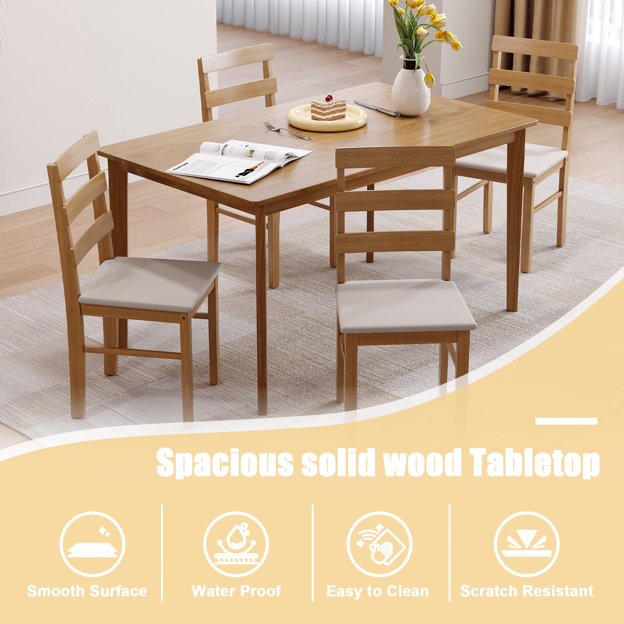MOONMISS 5-Piece Modern Solid Wood Dining Set with 4 Chairs&Rectangle Table for Dining Room,Kitchen-Wood