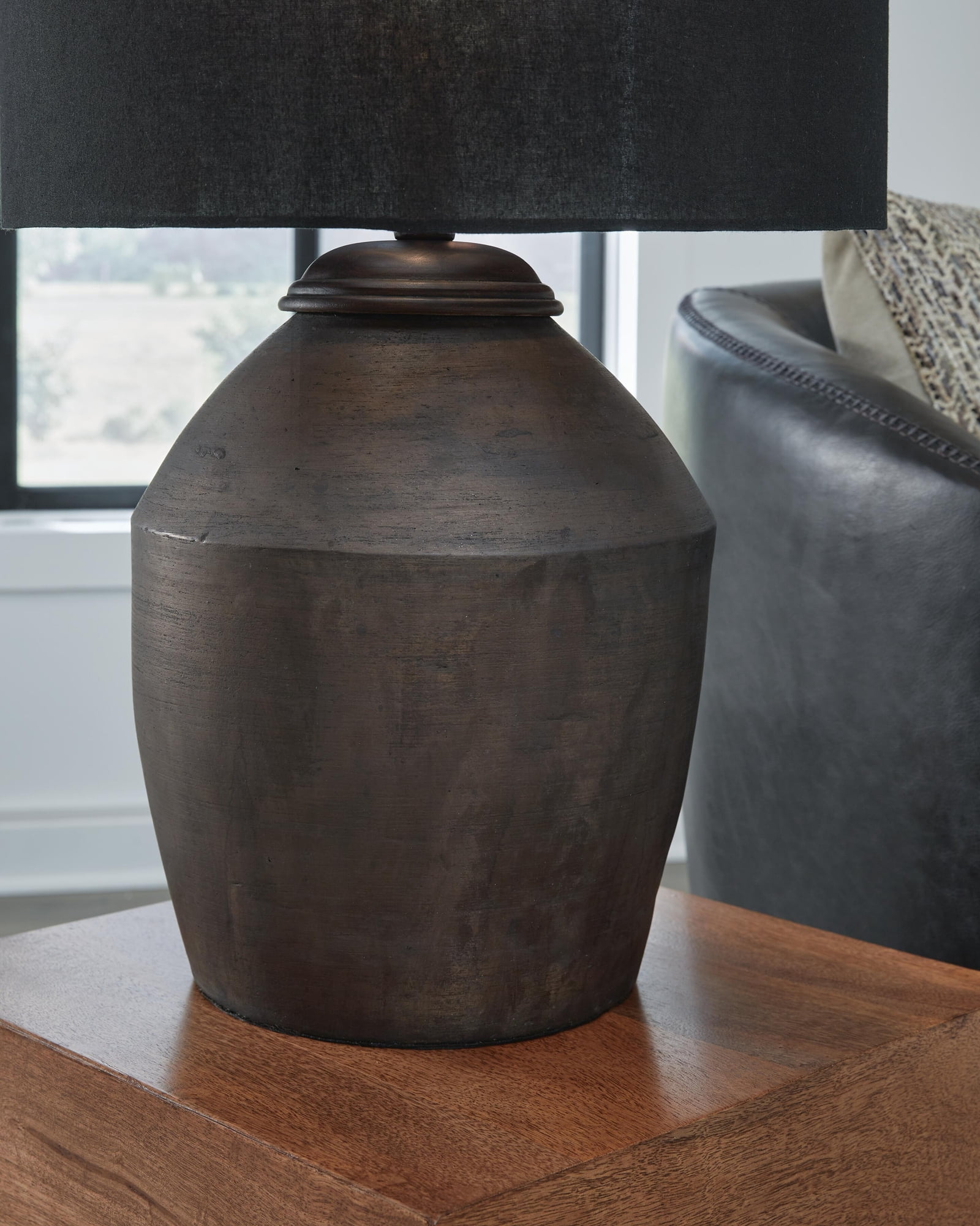 Signature Design by Ashley Naareman Terracotta Table Lamp, Metallic Black Finish, Drum Shade