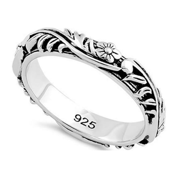925 Sterling Silver Oxidized Platinum Plated Floral 3 5Mm Band Women Valentines Day Gifts Ring