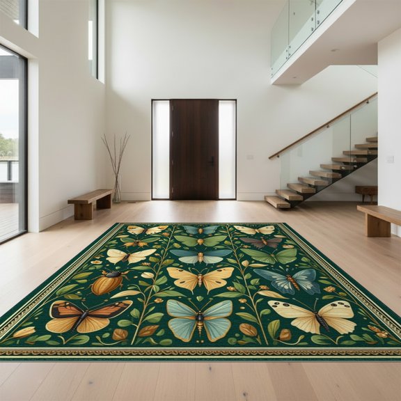 Design&I 8'x10' Washable Area Rug Geometric Vintage Butterfly Moth Botanical Insect Whimsy for Dining Room, Large Office, Lounge, Snag-Free