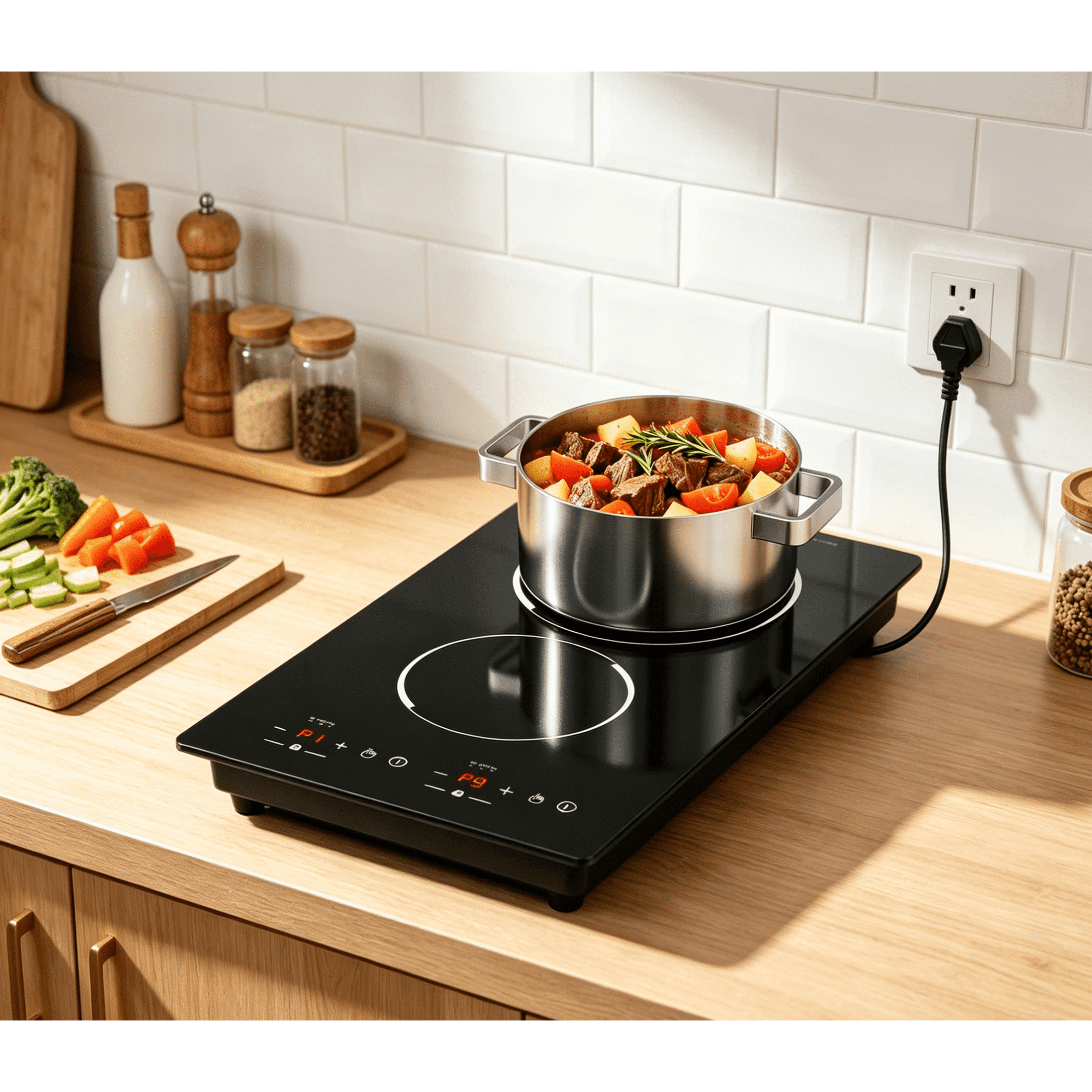 Double Induction Cooktop, WABK 2300W 2 burner Induction Cooker Cooktop, 110V Countertop & Built-in Electric Cooktop with Hot Plate, LED Touch Screen & 9 Power Levels, 2-Hour Timer and Child Lock