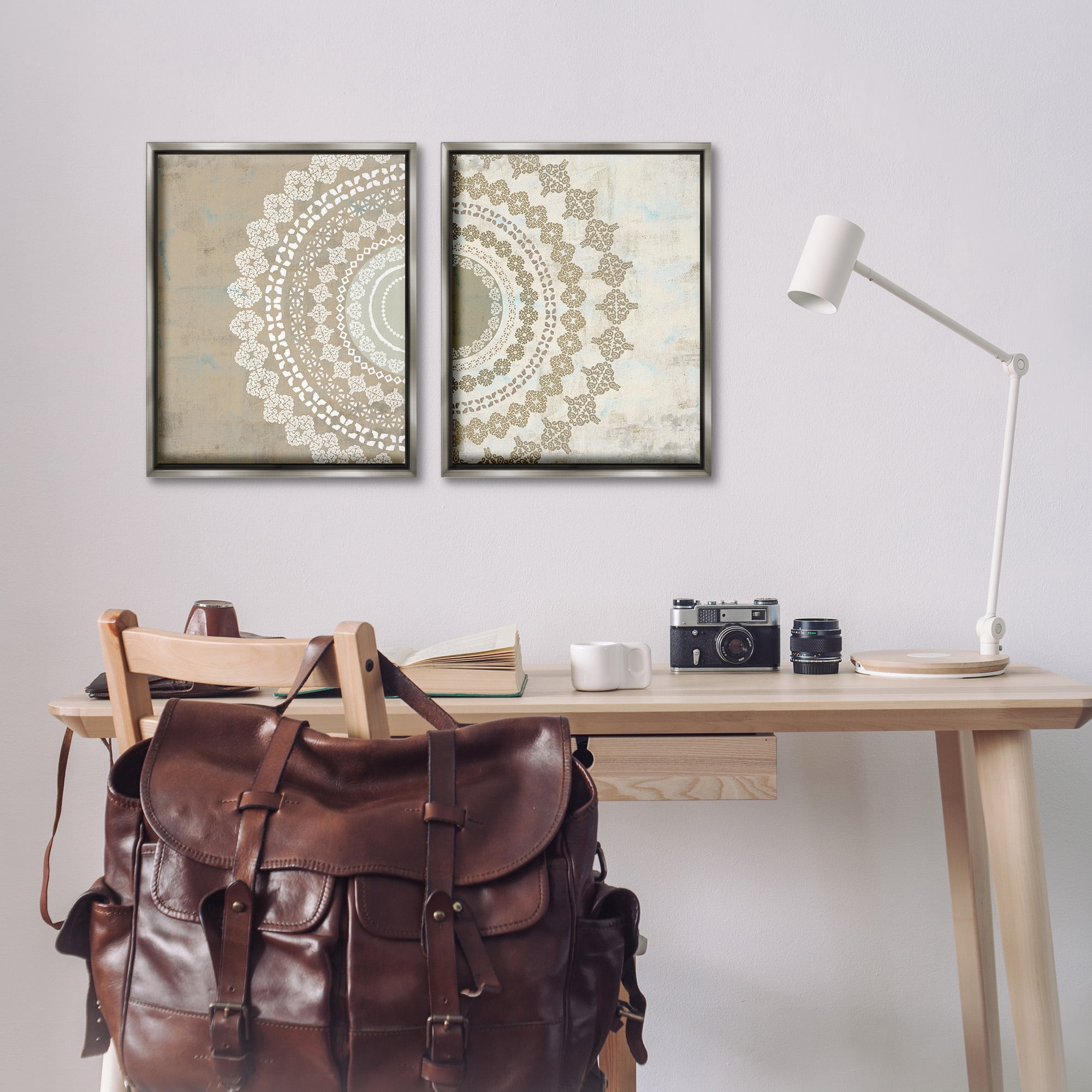 Stupell Industries Rustic Mandala Boho Pattern Abstract Painting Gray Floater Framed Canvas Art Print Wall Art, 17 x 21, Set of 2