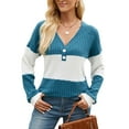 thumbnail image 5 of Deago Women's Color Block Long Sleeve Fall Sweaters Casual Fashion Ribbed Knit V Neck Button Pullover Shirts Tops (Blue, S), 5 of 8