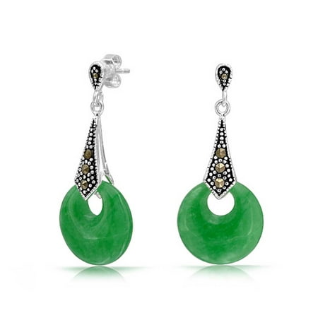 Bling Jewelry 925 Sterling Silver Marcasite Dyed Green Jade Dangle Earrings