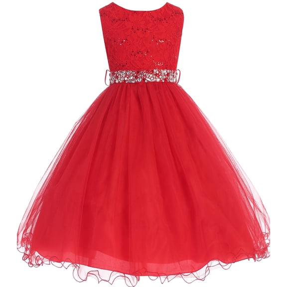 Little Girl Glitters Sequined Bodice Double Layer Tulle Rhinestones Sash Flower Girl Dress Red 2 JK3670 BNY Corner
