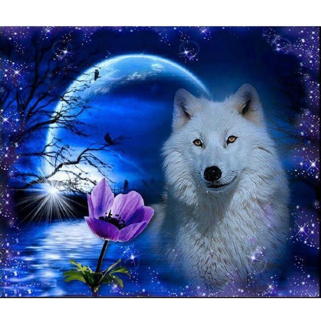 Kit de bordado de punto de cruz con taladro redondo 5D de lobo nocturno con pintura de diamante