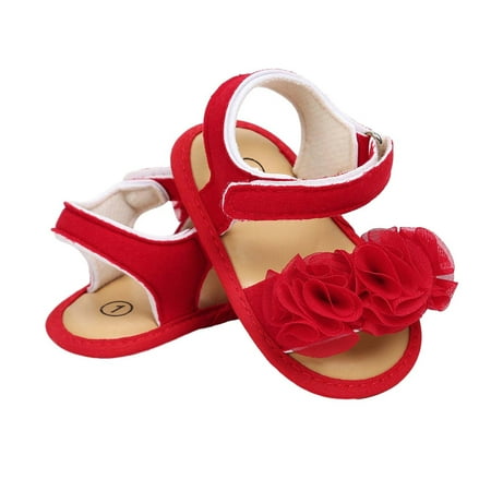 Meresysid Toddler Newborn Kids Infant Summer New Rose Baby Walking Shoes Flat Soft Soled Baby Girls Sandals Red