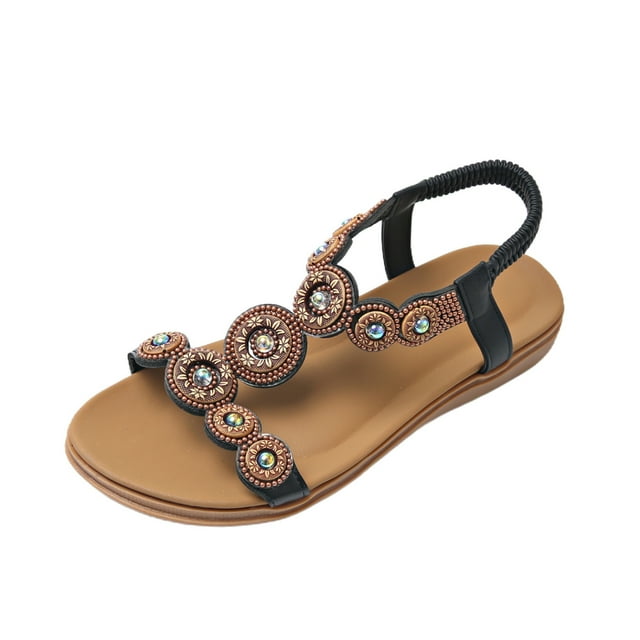 Flat Sandals for Women Elastic Beads Disc Decor Retro Open Toe Non Slip Beach Slip on Sandals Black