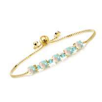 Gem Stone King 2.82 Ct Round Cabochon White Simulated Opal and Swiss Blue Topaz 18K Yellow Gold Plated Silver Tennis Bracelet for Women