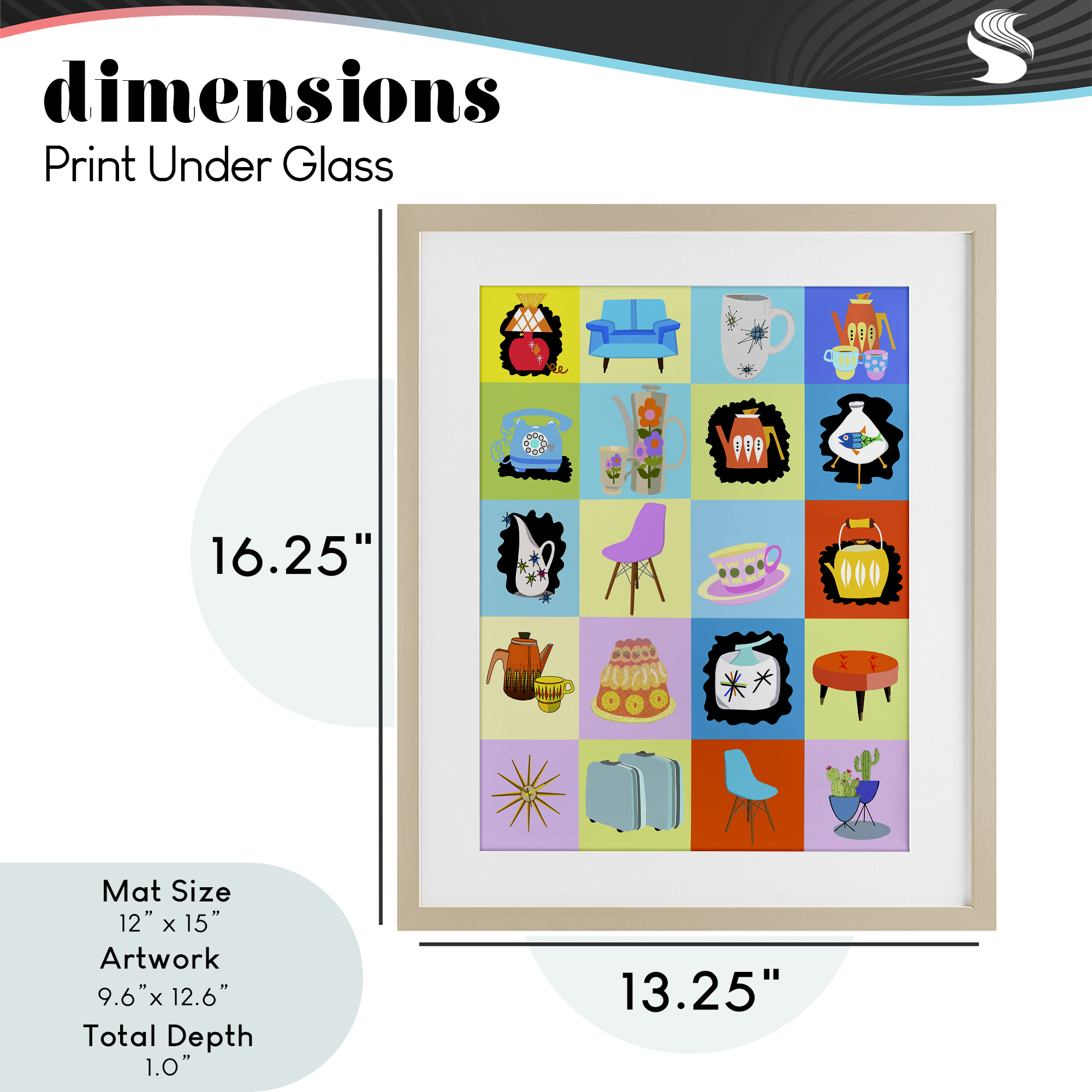 Retro Vintage Vignettes Birch Framed Print Under Glass, design by Lynnda Rakos