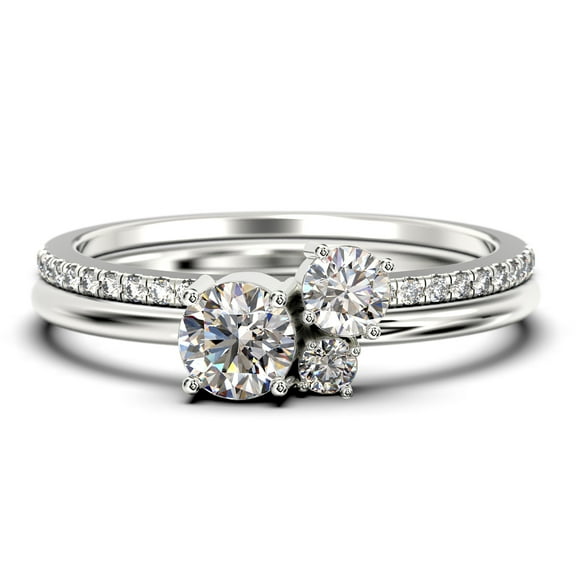Unique 3 Stone Minimalist 1.05 Carat Round Cut Diamond Moissanite Engagement Ring, Trilogy Ring, Wedding Ring in 10k Solid White Gold, Bridal Set, Matching Band, Anniversary Ring