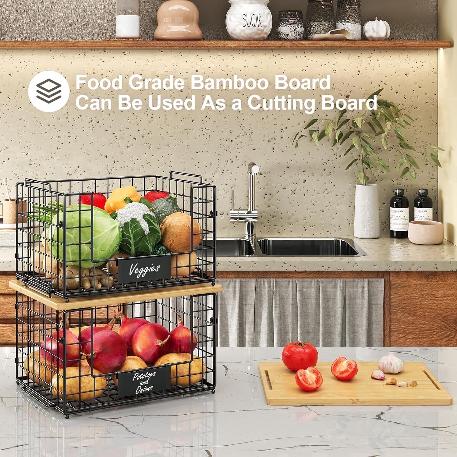 XCOSRACK 2-Pack XXL Stackable Wire Baskets with Bamboo Tops, Heavy Duty Kitchen Counter Organizer for Fruit, Vegetable, Potato & Onion Storage, Includes Cutting Boards, Shelf Liners & Nameplates