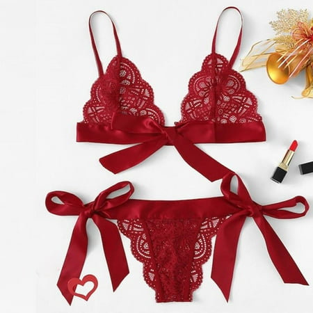 

Sexy Hollow Out Lace Lingerie Bow Lace Three Point Valentine s Day Sexy Underwear Set Lace Bra and Panties Bikini Sexy Underwear