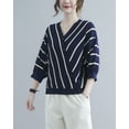 thumbnail image 3 of Women 3/4 Sleeves Summer Casual Stripes V-Neck Pullover Knit T-Shirt GA2282 Blue, 3 of 5