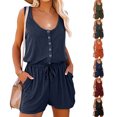 thumbnail image 3 of Mameluco sin mangas de verano para mujer, mono informal con cuello redondo y botones en la cintura, camiseta sin mangas con bolsillo, 3 of 6