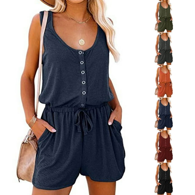 Mono con lazo en la cintura, mono sin mangas de verano para mujer, mono sin mangas con botones, artesanía excepcional