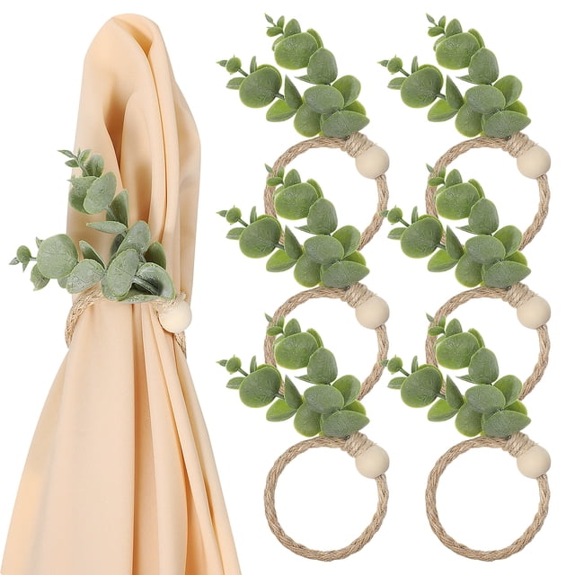 SHISUYAN Farmhouse Napkin Rings with Realistic Green Leaves Design Made of Natural Jute Rope for Kitchen Use