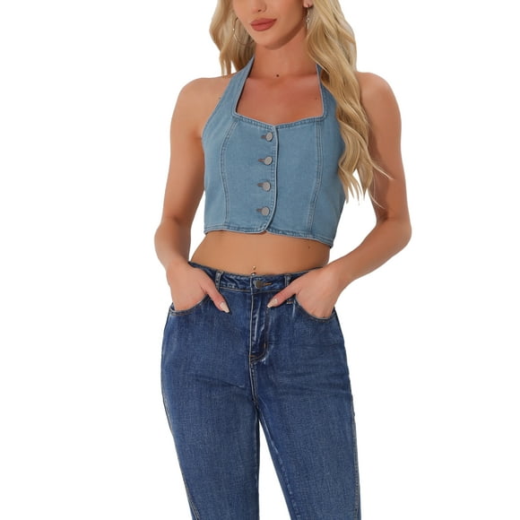 INSPIRE CHIC Women's Top Denim Crop Sleeveless Button Front Halter Tank Tops L Light Blue