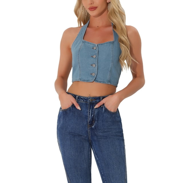 INSPIRE CHIC Women's Top Denim Crop Sleeveless Button Front Halter Tank Tops S Light Blue