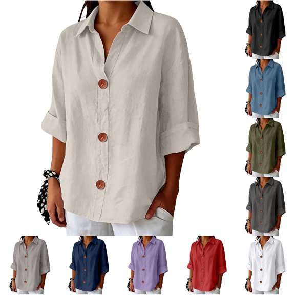 CUSTG Women Blouses Solid Color Relaxed Button Up Tops For With Casual Breathable Everyday Wear Lightweight Comfort Half Sleeve Lapel Versatile Female Summer Shirts