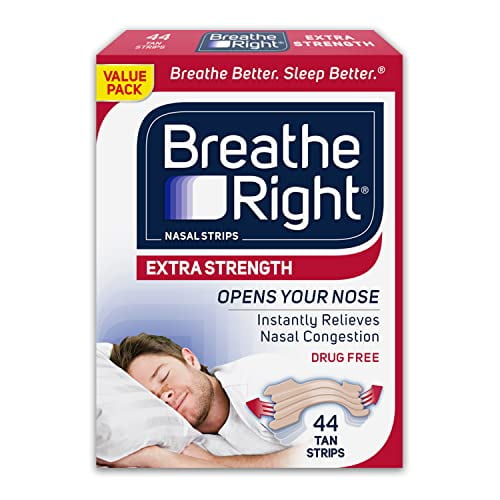 Breathe Right Extra Strength Tan Nasal Strips, Nasal Congestion Relief due to Colds & Allergies, Reduces Nasal Snoring caused by Nasal Congestion, Drug-Free, 44 count