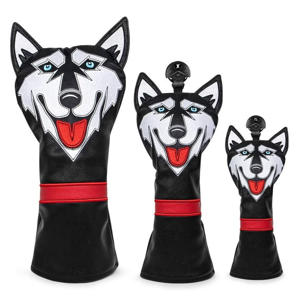 Husky Golf Club Head Covers - Black for Men - Animal Golf Club Wood Cover - Golf Driver Cover - Fairway Wood Cover - 3 Wood Cover - Hybrid Cover - Leather Golf Headcovers - Fits Taylormade