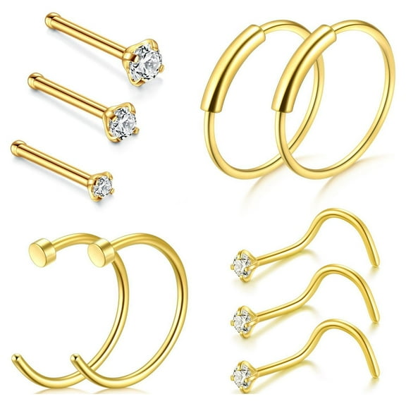 D.Bella CZ Diamond & Stainless Steel Nose Rings, 10-Piece