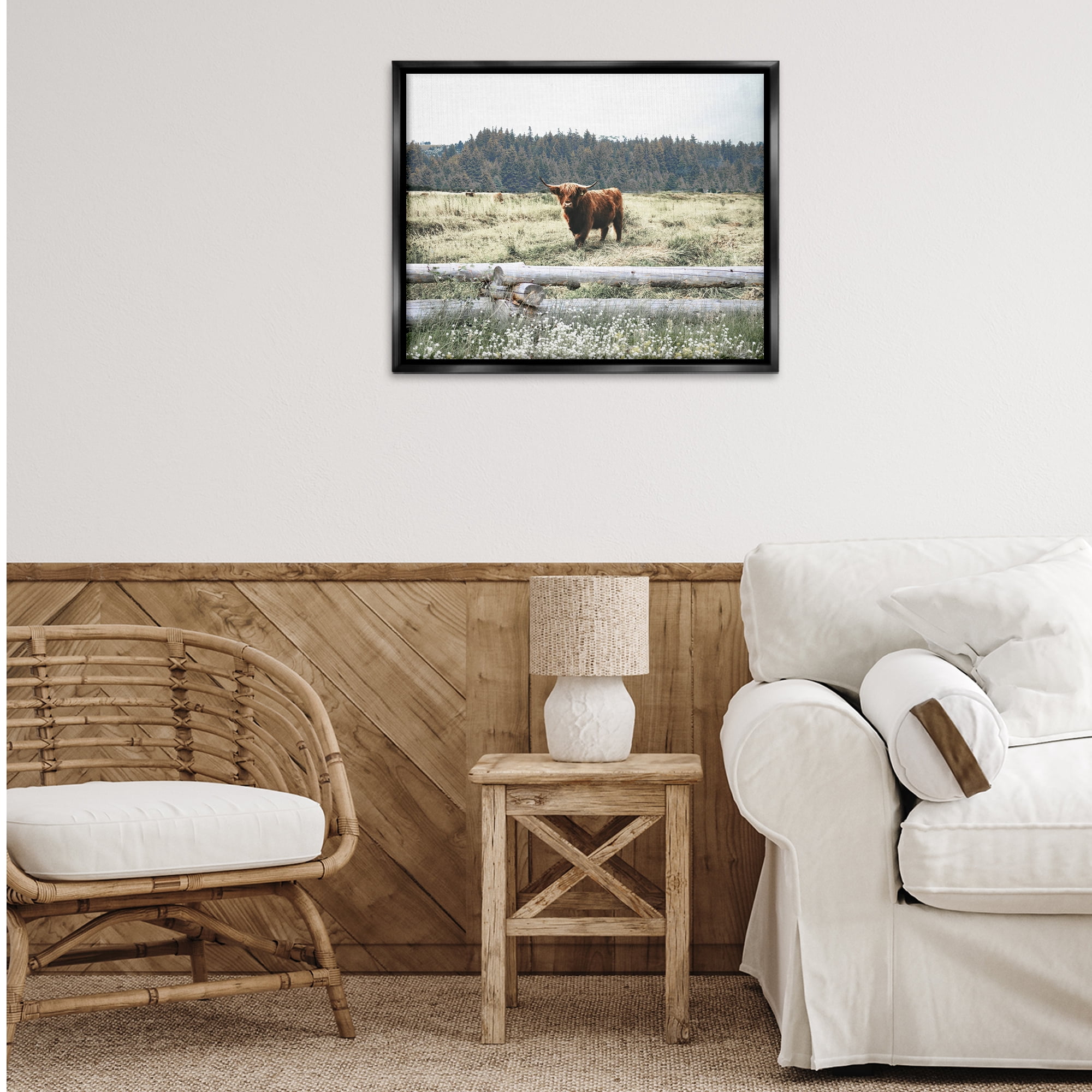Stupell Industries Cattle Overlooking Fence Animals & Insects Photography Black Floater Framed Canvas Art Print Wall Art, 31 x 25