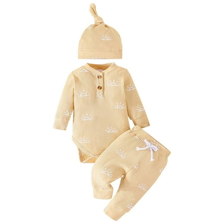

WUDATI Teen Boy Girl Outfit Halloween Chistmas Toddler Girls Boys Winter Baby Boy Girl Cotton Outdfit Sets Ribbed Long Sleeve Sun Print Button Design Romper And Elasticized Pants With Cap