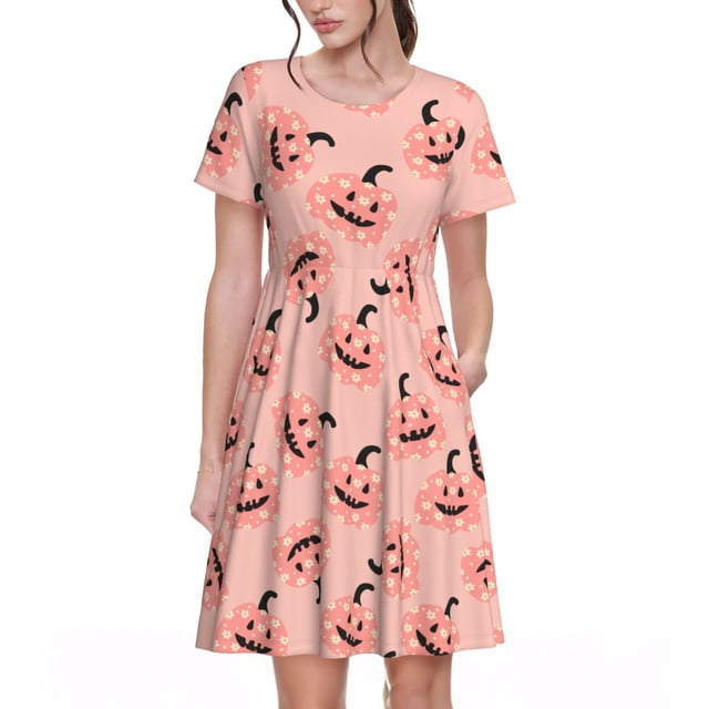Fotbe Smiling Pink Pumpkins Vestido Largo de Moda para Mujer, Vestido Tipo Camiseta con Manga Corta y Estilo Casual a Rayas y Bloques de Color