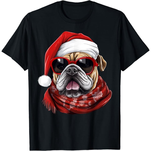 Bulldog - anteojos de sol con sombrero de Papá Noel, playera de Navidad para perro, 100% algodón, unisex