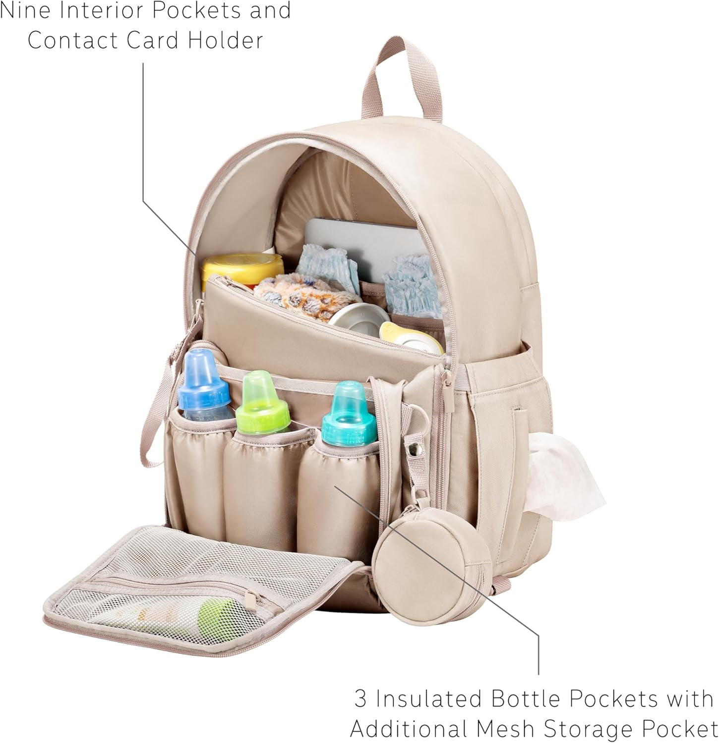 uninni Diaper Baby Bag Backpack for Moms and Dads with Baby Boys and Girls, Portable Changing Pad, Removable Pacifier Case - Camel, 16"