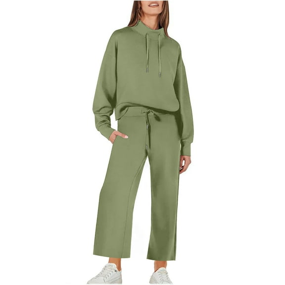 RYRJJ Lounge Sets for Women Sweatsuits 2 Piece Outfits Fall Drawstring Sweatshirt Wide Leg Sweatpants Tracksuit(Green,L)