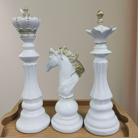 [Elegant | Resin] 3pcs Elegant Resin Chess Statue Decor | Intricately Crafted Black & White Pieces, Aesthetic Window Display, Durable Home Accent for Room & Desk Decor | Perfect Gift Idea
