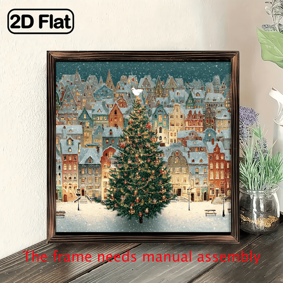 2D Flat, 1pc Vintage European Christmas Village Wall Decor - Snowy Houses, Church Spire Evergreen Tree - Rustic Farmhouse Holiday Decoration - Wood Framed Art - Easy Hang with Hardware - IndoorXma