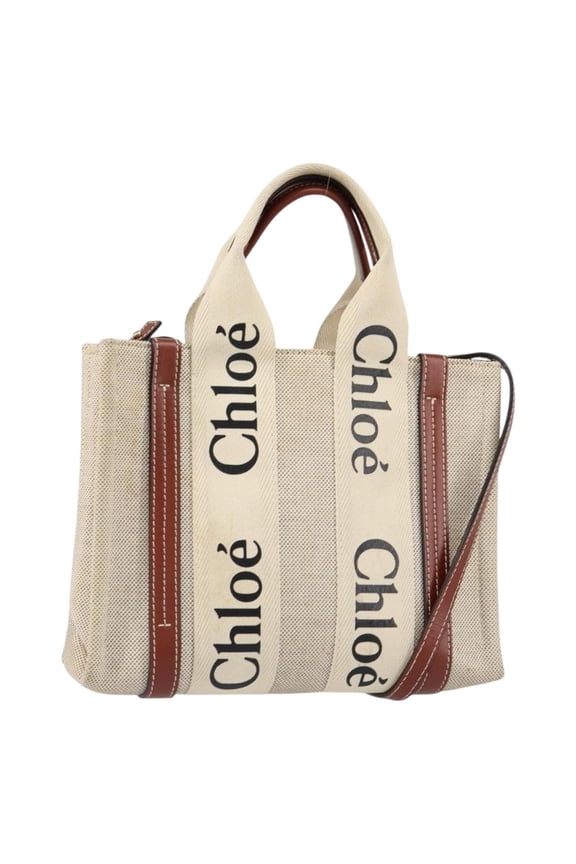 Pre-Owned Chloe Woody Convertible Tote Canvas With Leather Beige Canvas Handbag